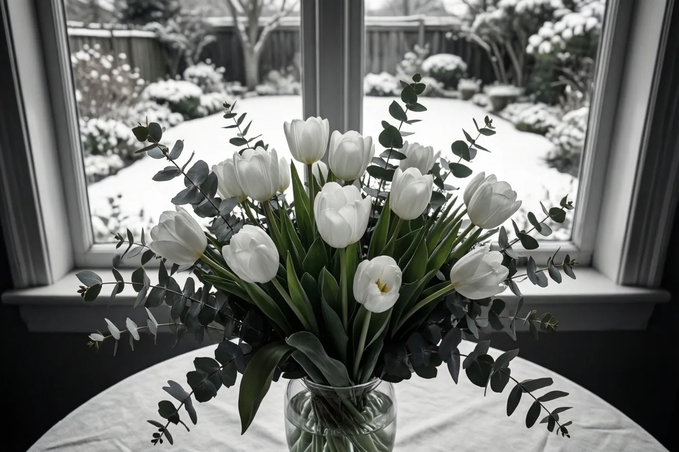 Witte tulpen en groene eucalyptus staan in een glazen vaas op een tafel bij een raam met uitzicht op een besneeuwde tuin, waarbij het boeket afsteekt tegen de monochrome omgeving.