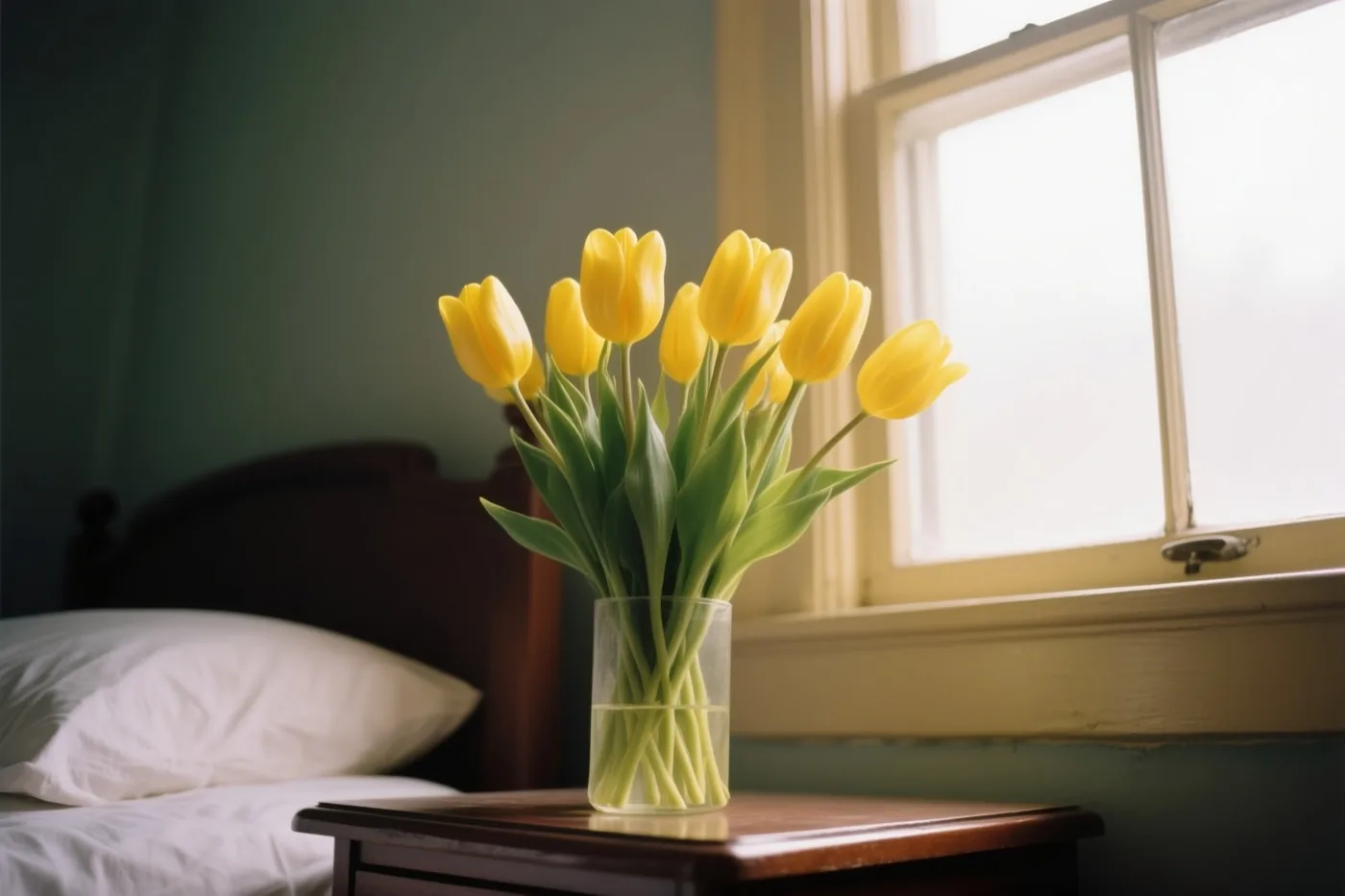 Een boeket gele tulpen staat in een glazen vaas op een houten nachtkastje bij een raam, met een bed en een wit kussen op de achtergrond.