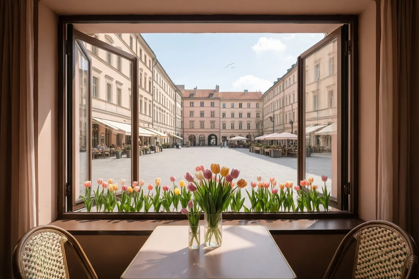 Vazen met kleurrijke tulpen staan op een vensterbank en tafel in een café met open ramen naar een zonnig, geplaveid plein met gebouwen en cafétafels.