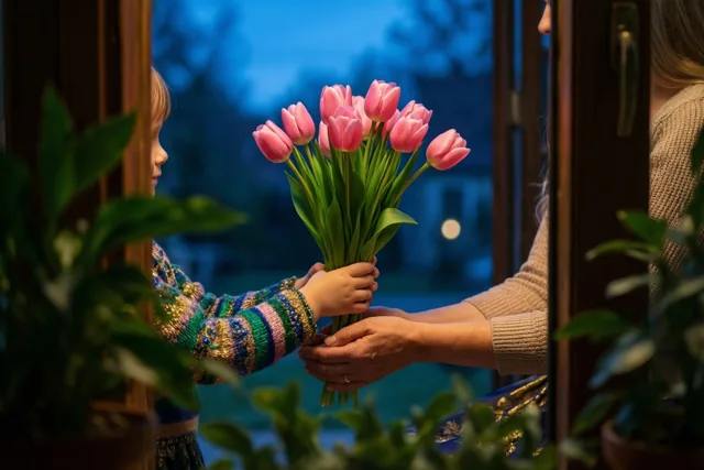 Kinderhanden reiken door een raam een boeket roze tulpen aan de handen van een moeder, met buiten een schemerblauwe achtergrond.