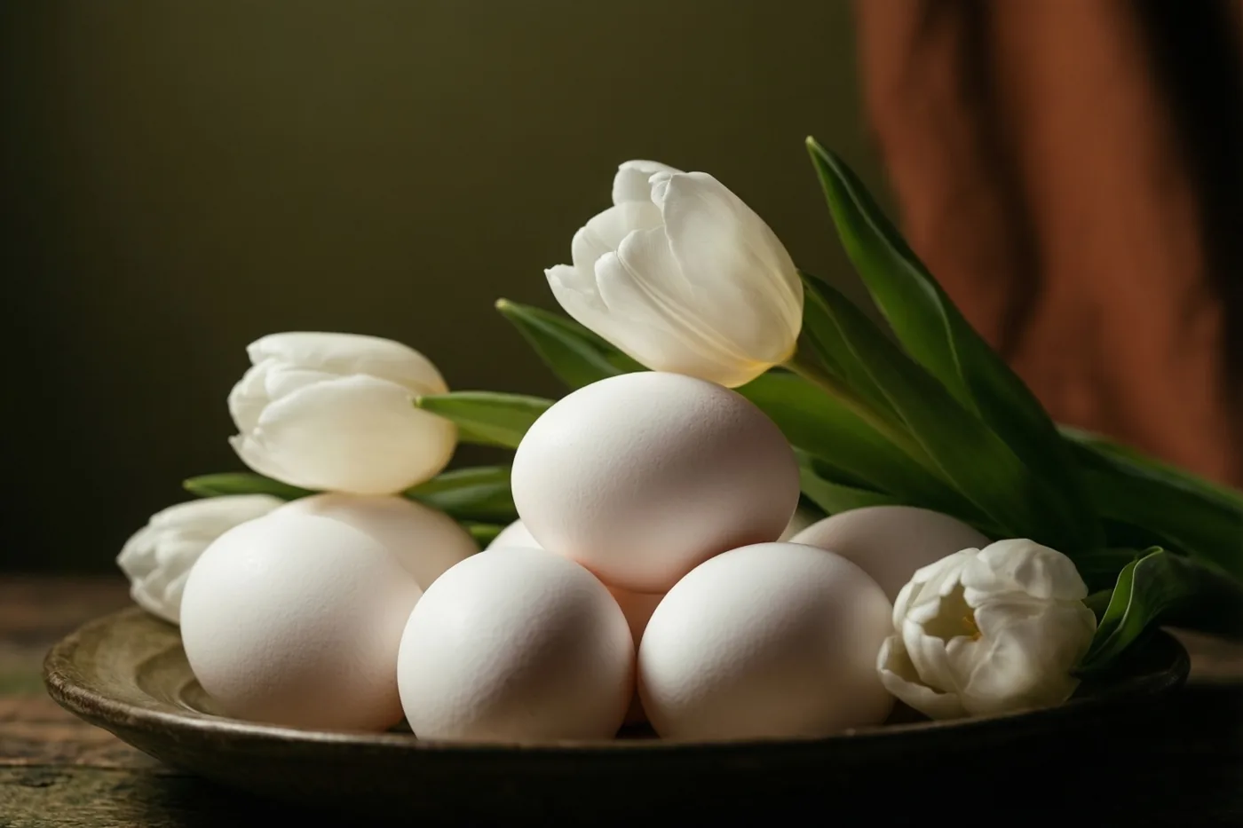 Een stilleven met witte eieren en witte tulpen in een ondiepe schaal staat op een houten oppervlak, in zacht licht tegen een gedempte achtergrond.