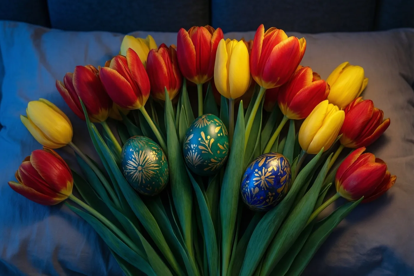 Rode en gele tulpen liggen op een zachte blauwe stof met drie fijn beschilderde paaseieren tussen hun groene stelen.