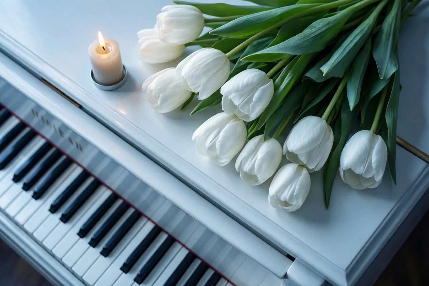 Witte tulpen en een brandende communiekaars staan op het deksel van een witte vleugelpiano in zacht licht.