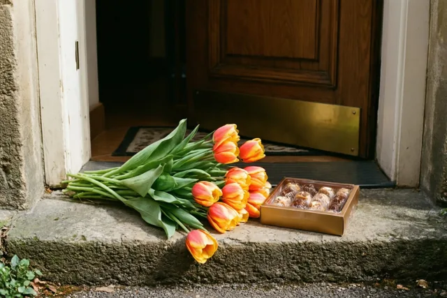 Een klein bosje oranje en gele tulpen ligt met een doos pralines op een stenen drempel naast een houten deur.
