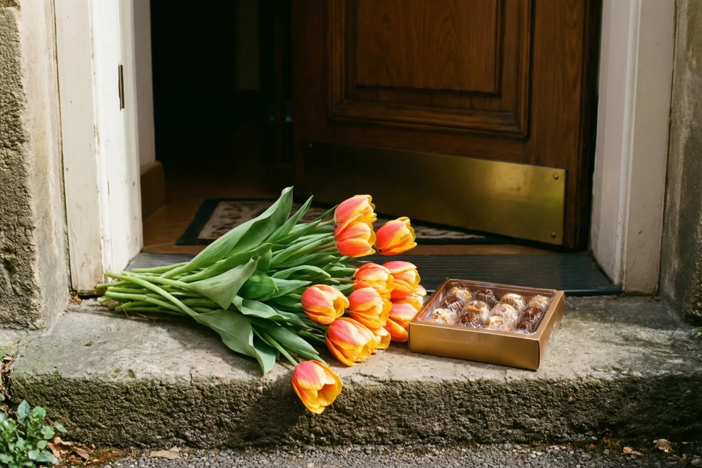Een klein bosje oranje en gele tulpen ligt met een doos pralines op een stenen drempel naast een houten deur.