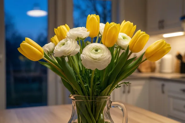 Een glazen kan met gele tulpen en witte ranonkels staat op een houten keukentafel in zacht ochtendlicht, met blauwe lucht achter het raam.