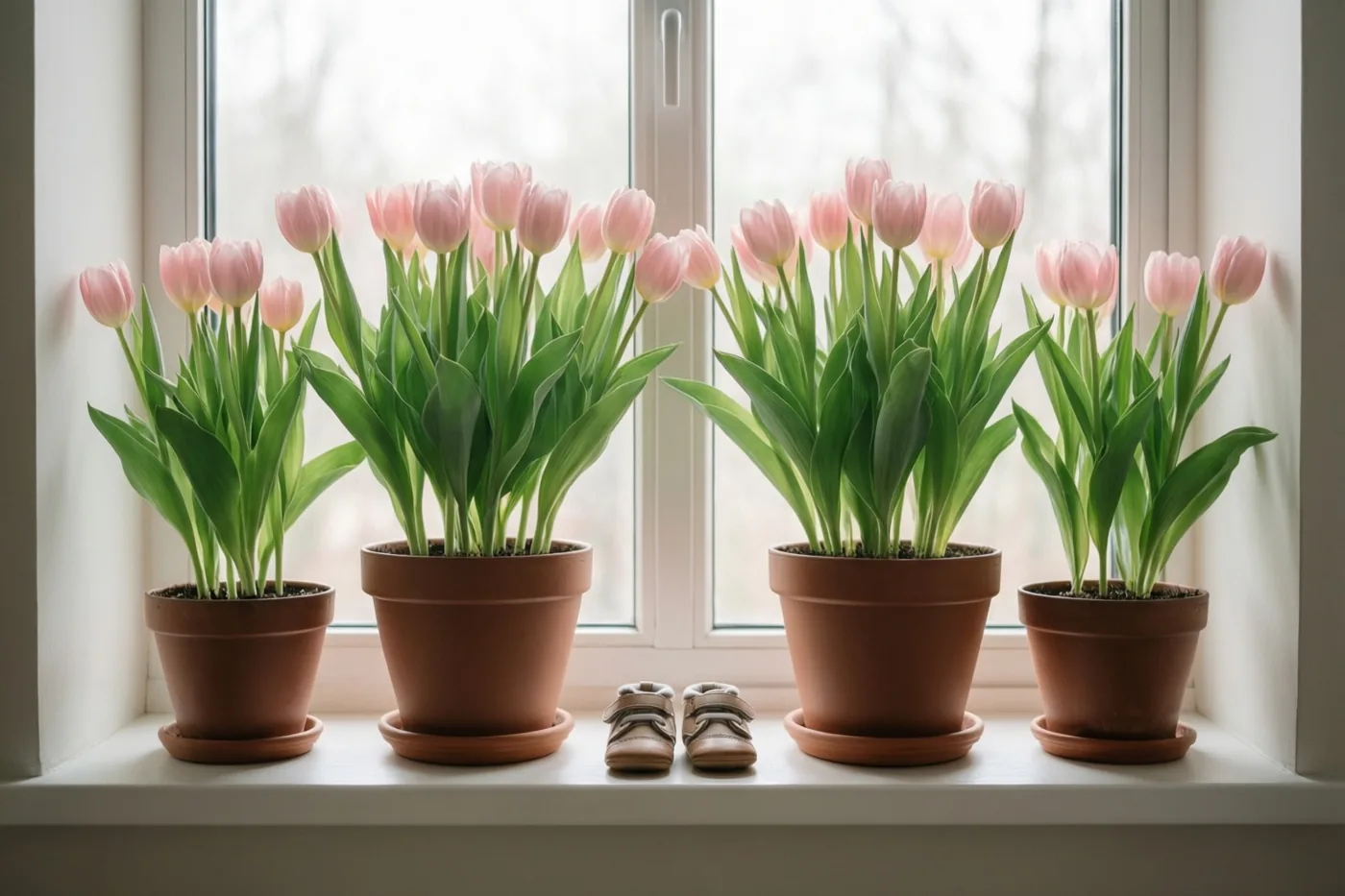 Vier potten roze tulpen staan in daglicht op een witte vensterbank, met kleine babyschoentjes tussen de tweede en derde pot.