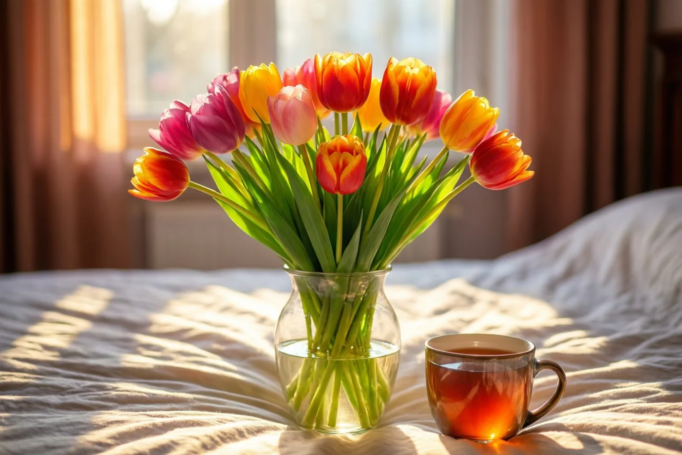 Een vaas kleurrijke tulpen en een mok thee staan op een bed in warm zonlicht dat door een raam naar binnen valt, met een zacht vervaagde achtergrond.