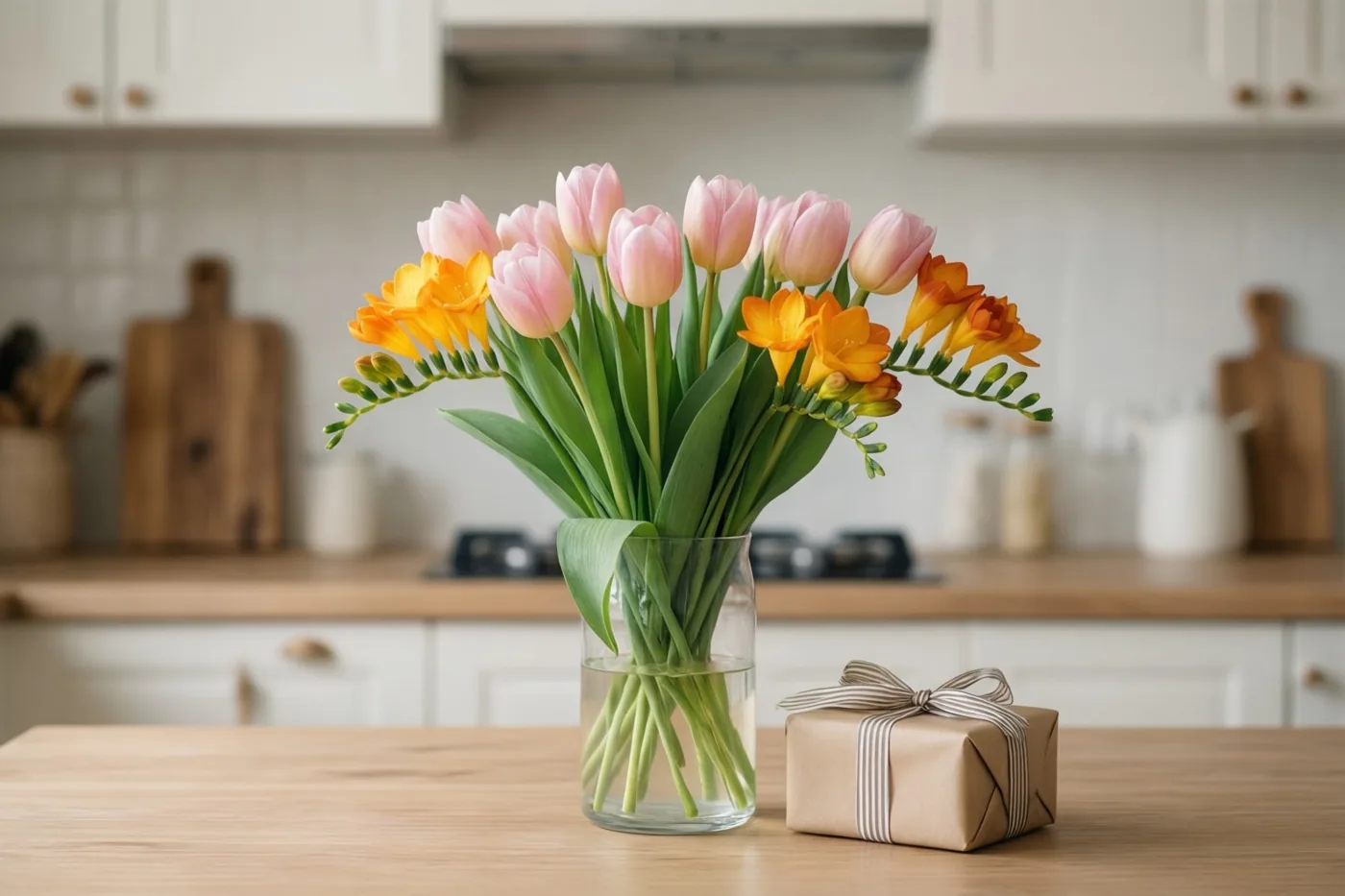 Een glazen vaas met roze tulpen en oranje freesia's staat op een houten keukentafel naast een klein cadeau in bruin papier met een gestreept lint, met witte keukenkasten en houten werkbladen op de achtergrond.