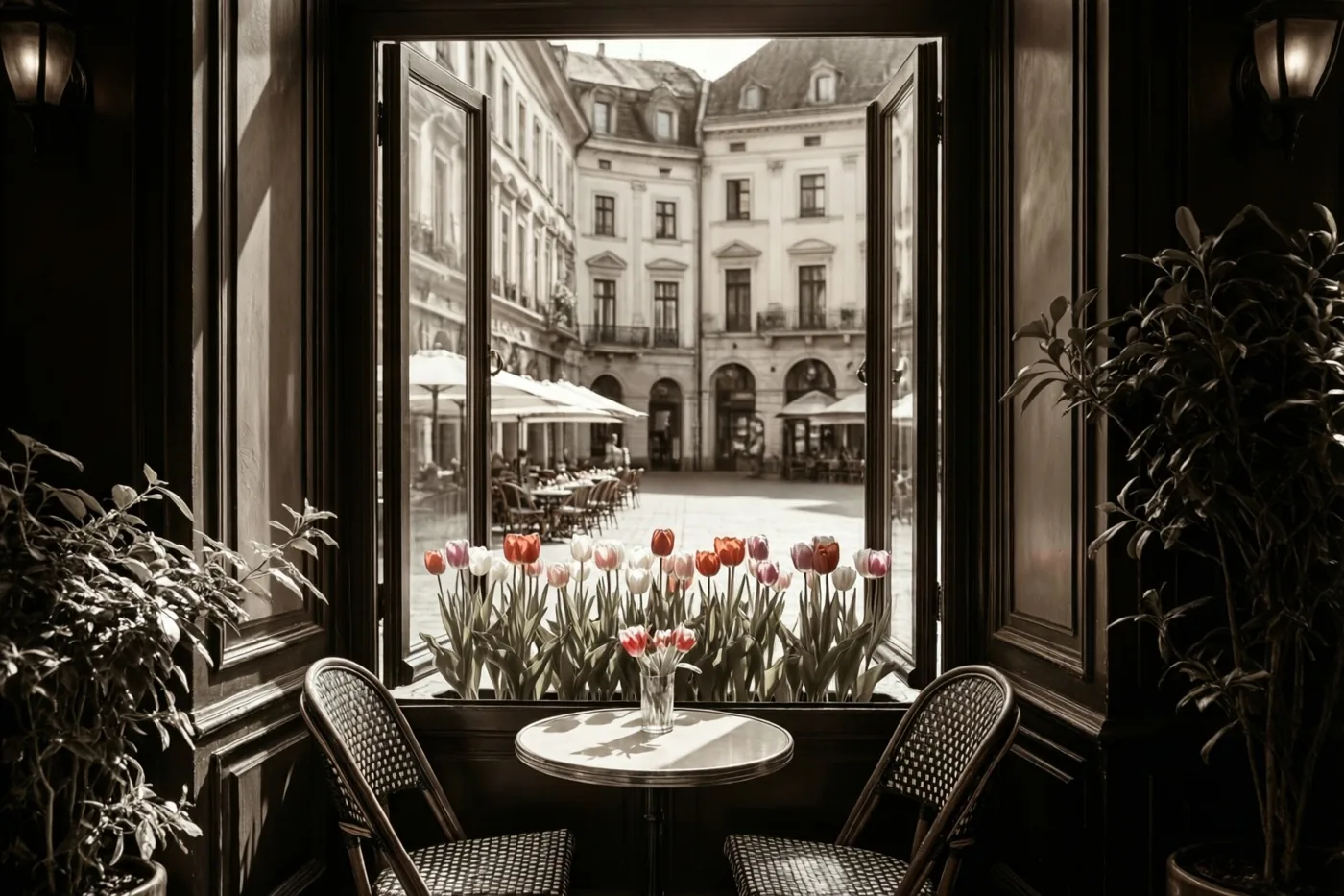 In een bruin café staat een vaas met kleurrijke tulpen op een tafeltje bij open ramen die uitkijken op een zonnig plein met klassieke gebouwen.