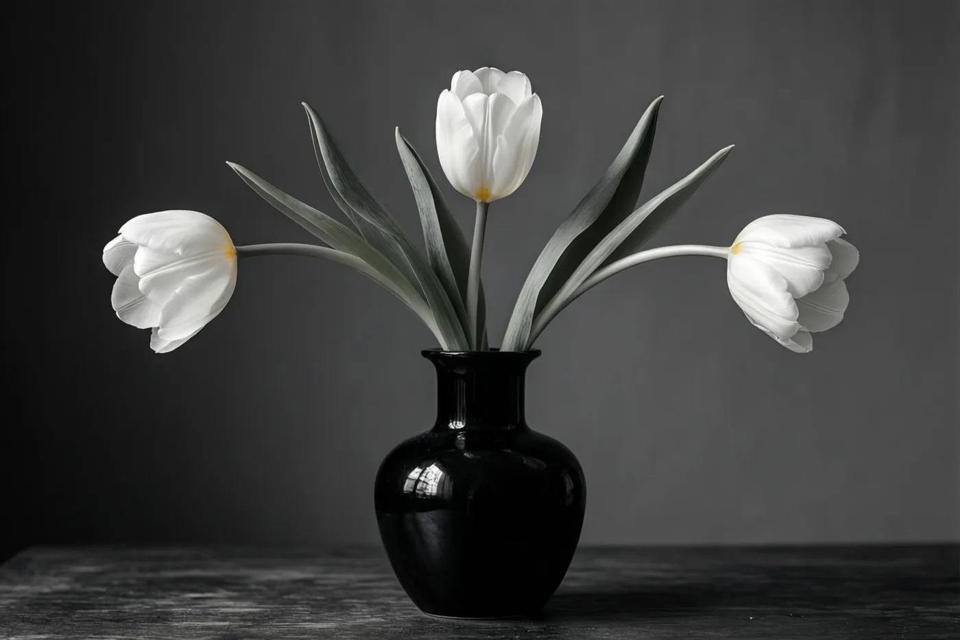Drie witte tulpen met groene bladeren staan in een glanzend zwarte vaas op een donker oppervlak tegen een effen donkergrijze achtergrond.