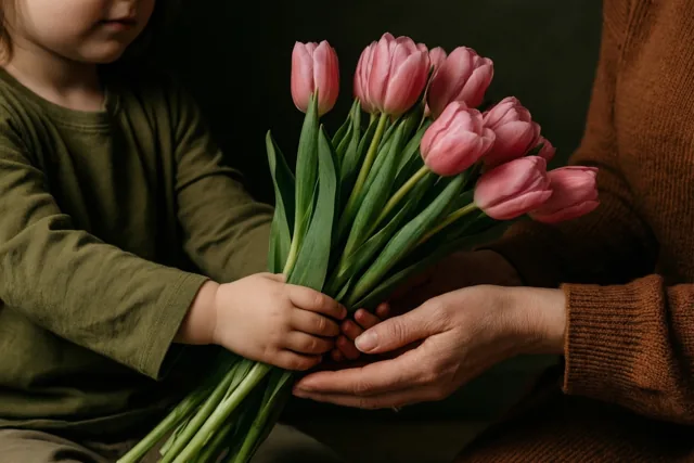 Kleine handen, bloemen voor mama