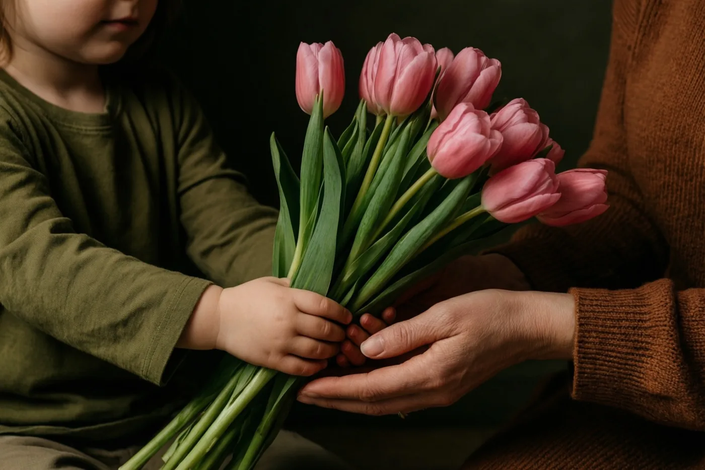 Een kind biedt met beide handen een boeket roze tulpen aan een volwassene aan, tegen een donkere achtergrond met gedempte groene en bruine kleding.