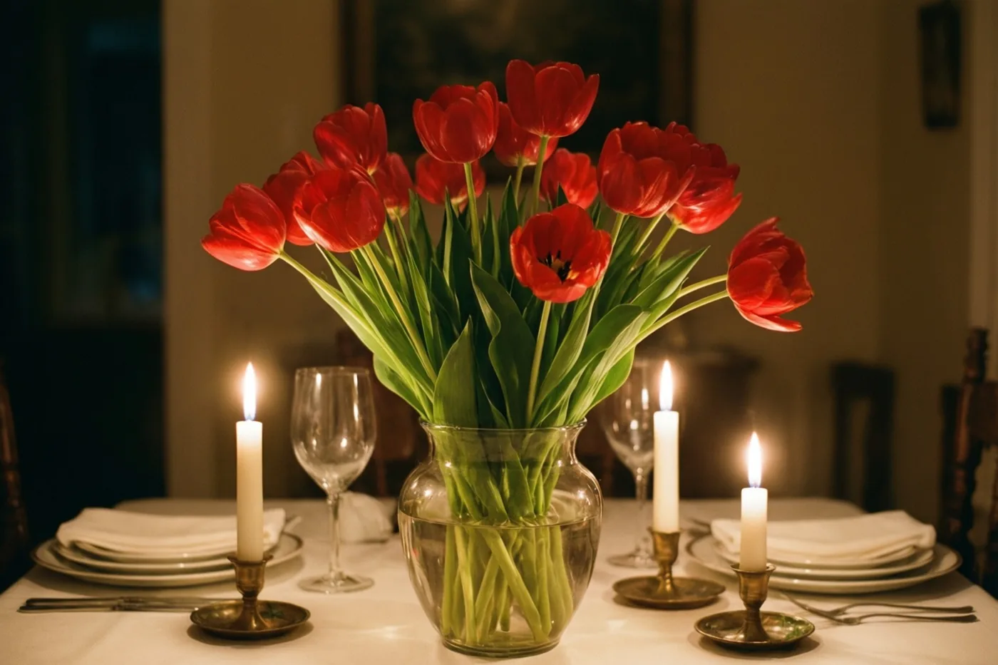 Een heldere glazen vaas vol rode tulpen staat op een tafel voor twee, verlicht door drie witte kaarsen in messing kandelaars.