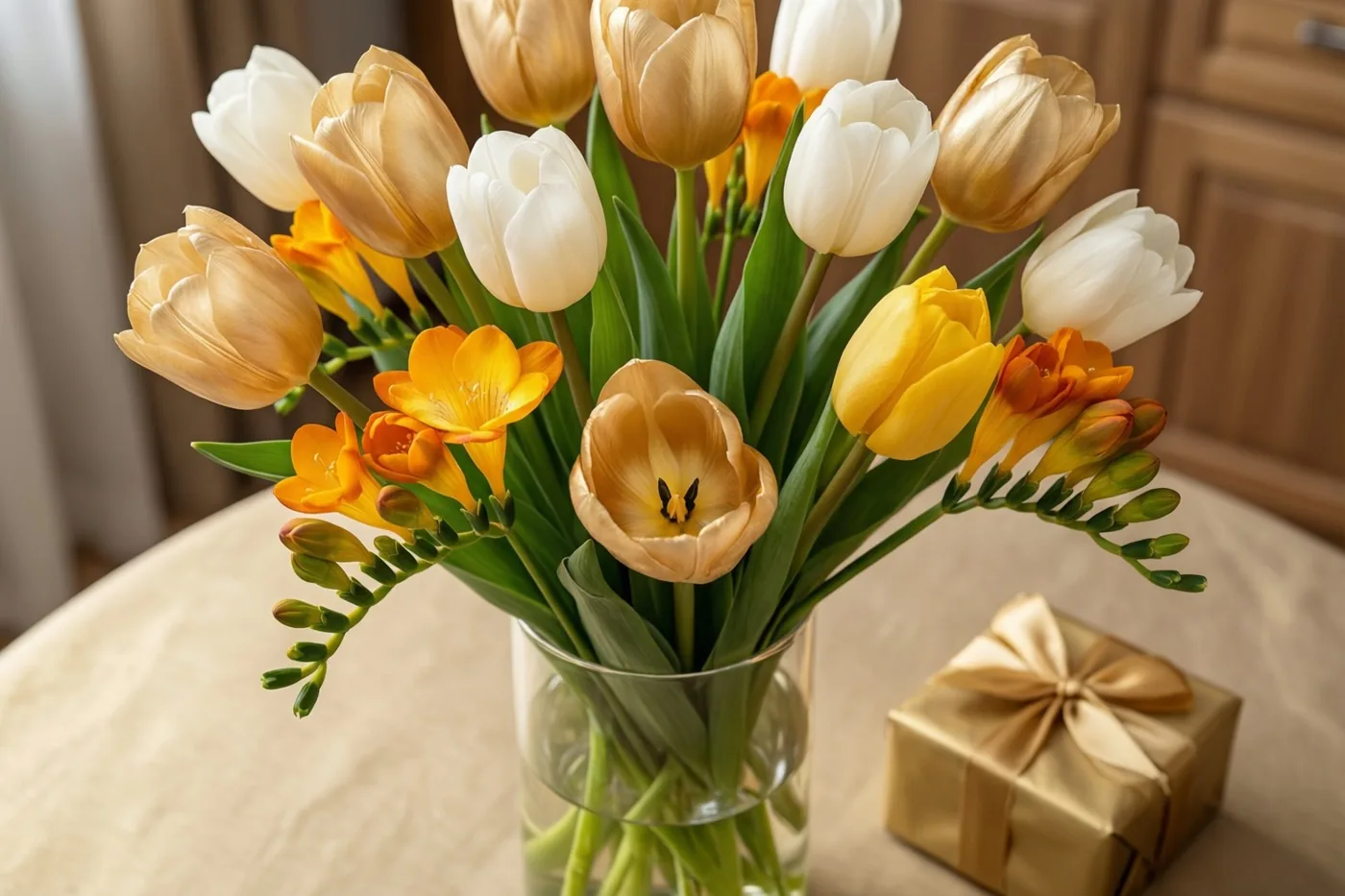 Een glazen vaas met witte, crèmekleurige en gele tulpen en oranje freesia's staat op een lichte keukentafel naast een klein cadeau in goudkleurig papier met een bijpassende strik.