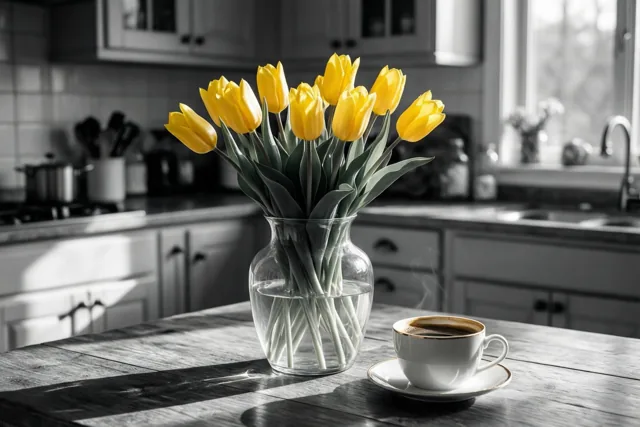 Goedemorgen met tulpen en koffie