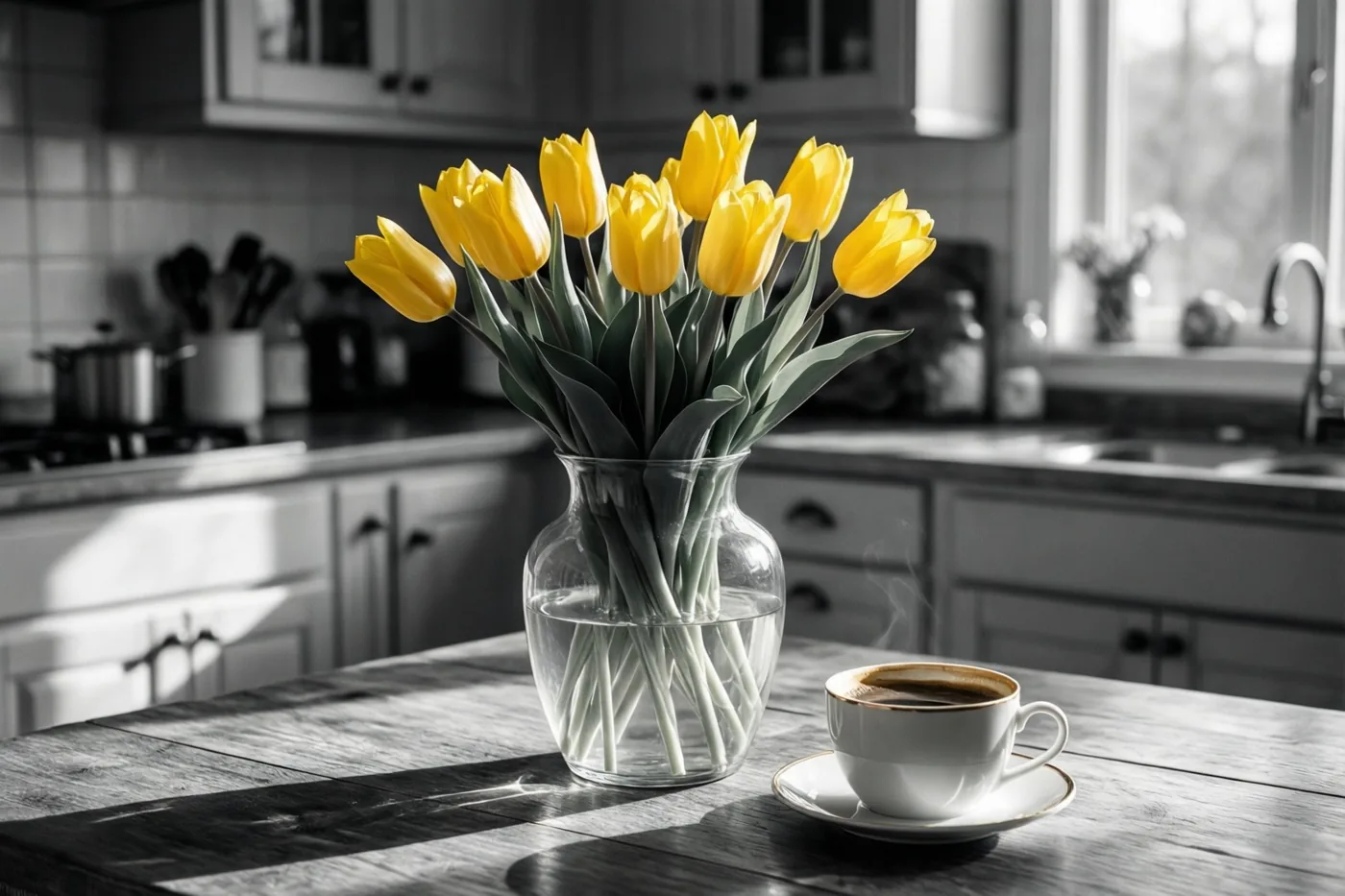 Een vaas felgele tulpen en een dampende kop koffie staan op een houten keukentafel in het zonlicht.