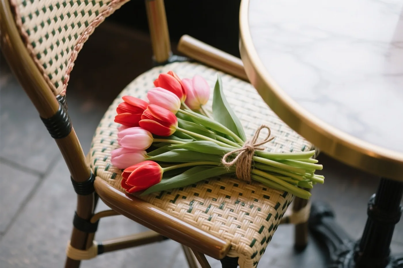 Een boeket rode en roze tulpen met een touwtje ligt op een geweven caféstoel naast een marmeren tafel.
