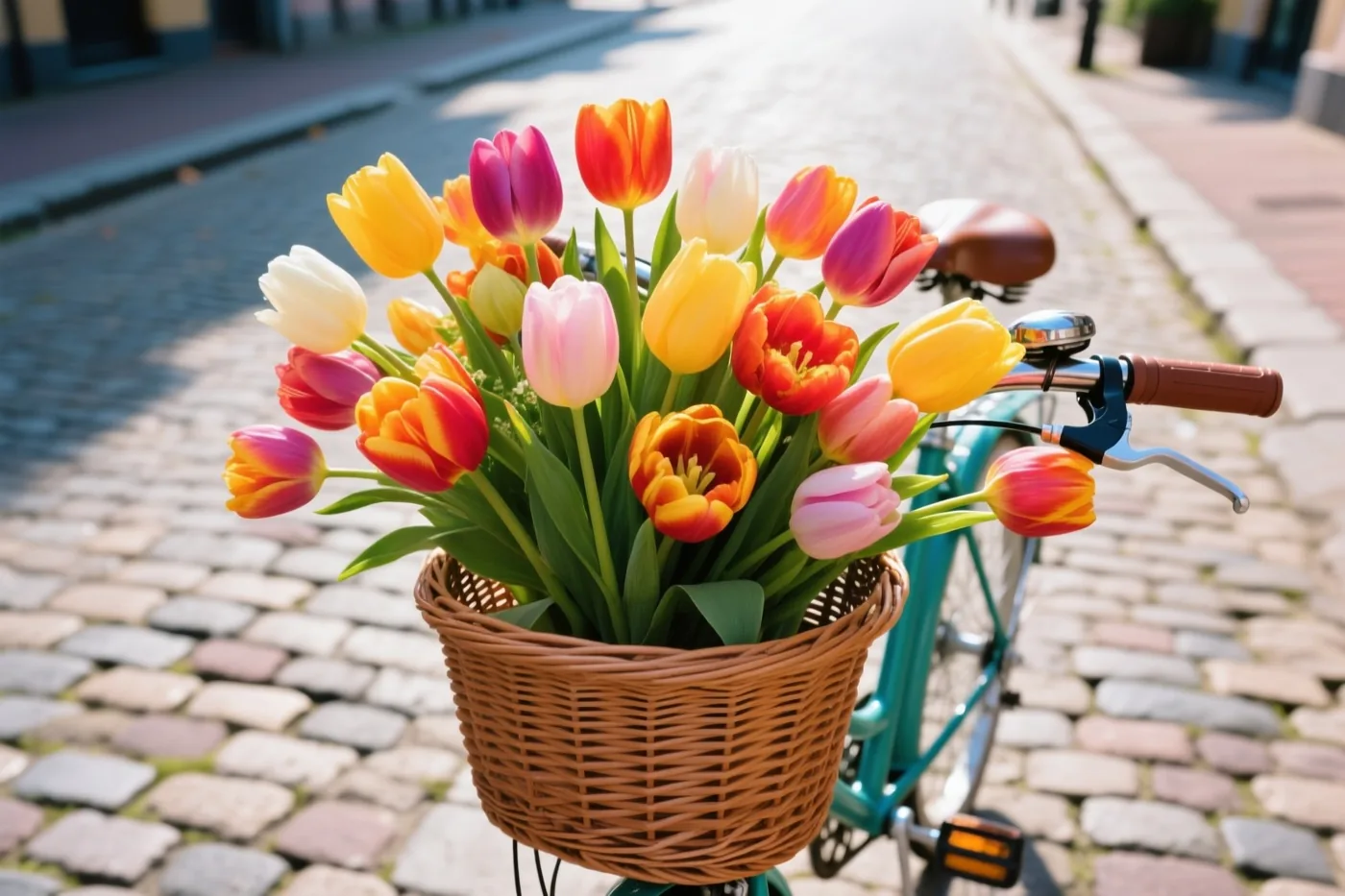 Een blauwgroene fiets met een gevlochten stuurmand vol kleurrijke tulpen staat op een zonnige kasseistraat.