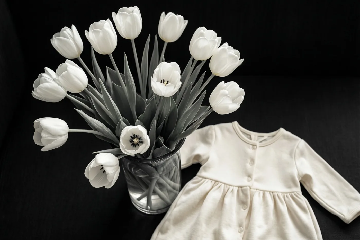 Een glazen vaas met witte tulpen staat naast een opgevouwen ivoorkleurig babyjurkje op een donkere ondergrond in een sobere, monochrome compositie.