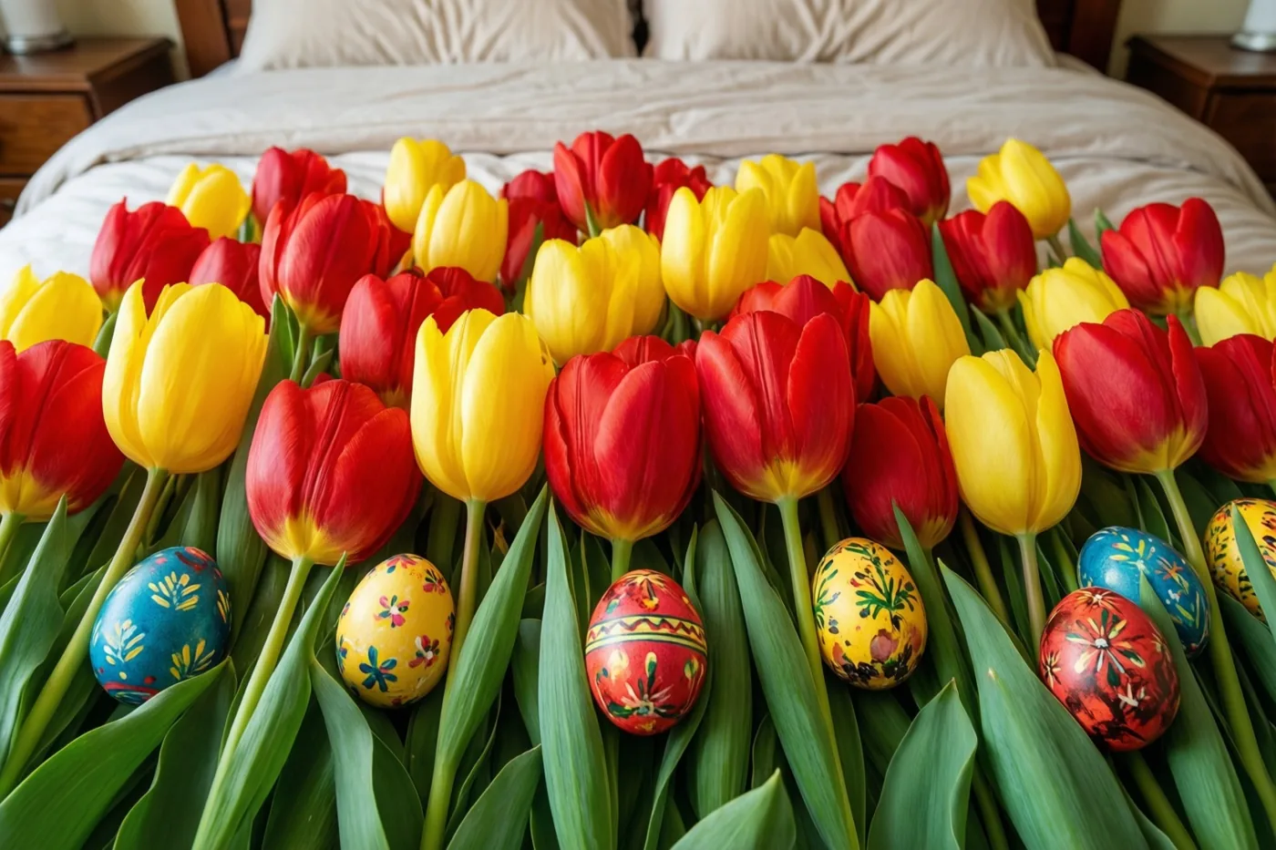 Rode en gele tulpen met beschilderde paaseieren tussen hun groene stelen liggen op een bed met wit beddengoed.