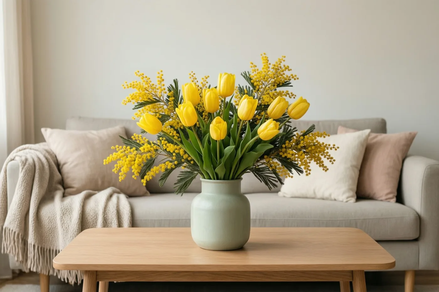 Een vaas met gele tulpen en mimosa staat op een houten salontafel voor een beige zetel met kussens en een deken in een lichte kamer.