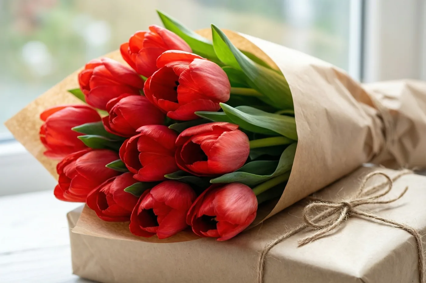 Een boeket rode tulpen in bruin kraftpapier rust op een ingepakte geschenkdoos met touw bij een raam met zacht daglicht.