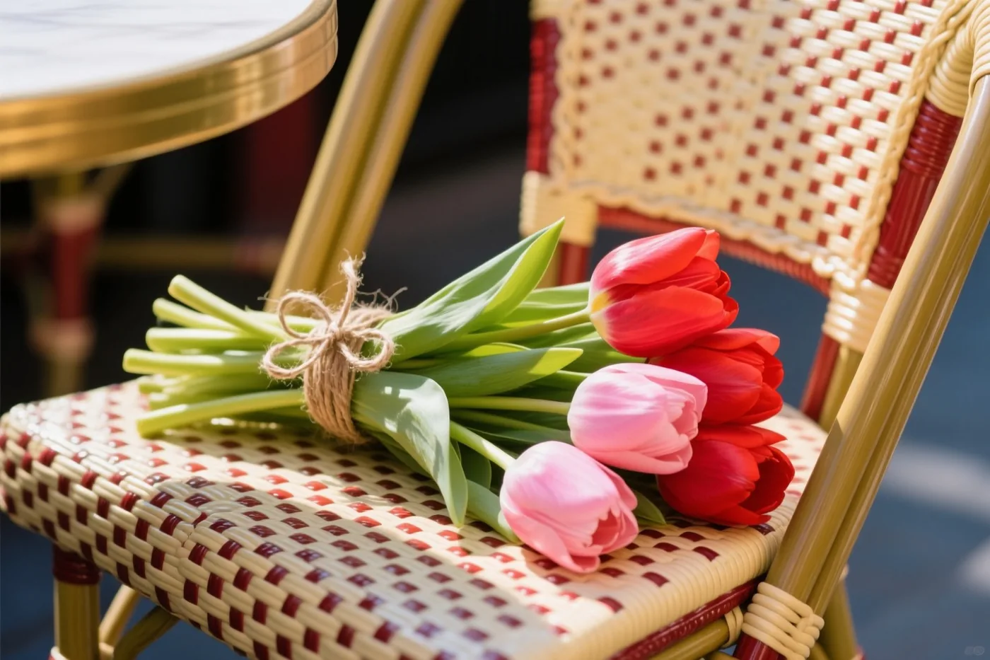 Een boeket rode en roze tulpen met een touwtje ligt in fel zonlicht op een geweven caféstoel met rode en beige patronen.