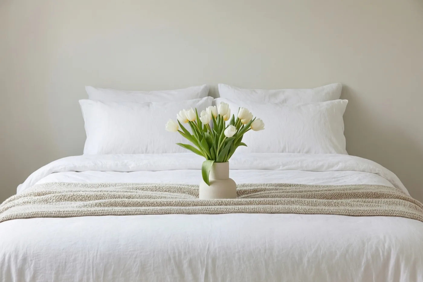 Een opgemaakt bed met wit linnen beddengoed en kussens, een beige deken met reliëf en een kleine vaas witte tulpen staat tegen een effen gebroken witte muur.