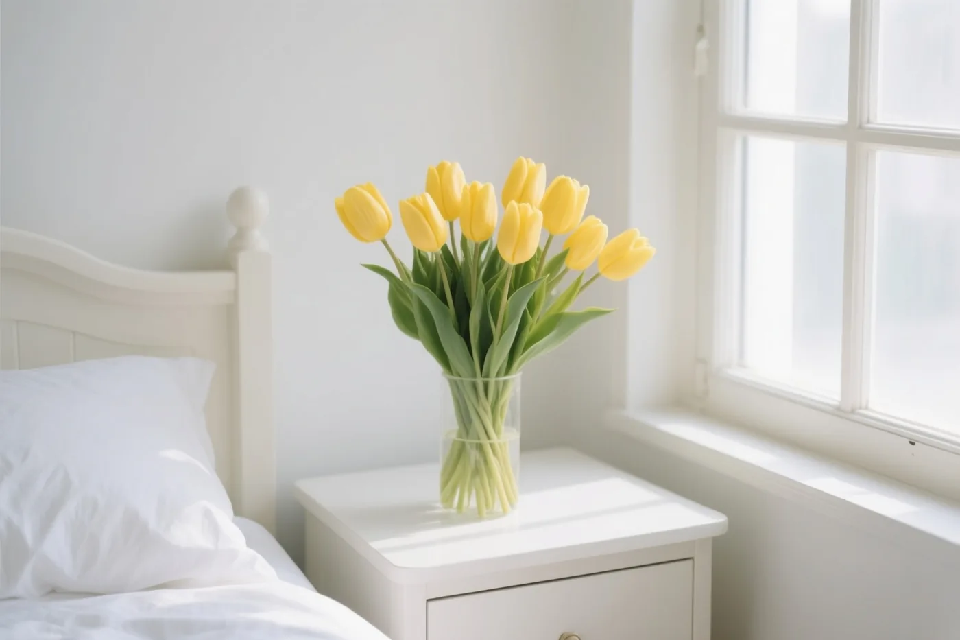 Een glazen vaas met gele tulpen staat op een wit nachtkastje naast een bed en een raam in een lichte, witte kamer.