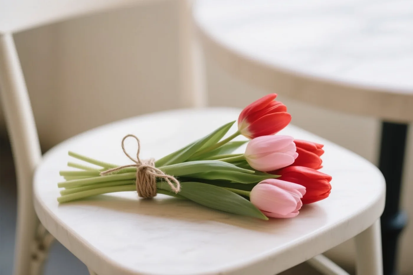 Een klein boeket rode en roze tulpen met een touwtje ligt op een witte caféstoel tegen een onscherpe achtergrond.