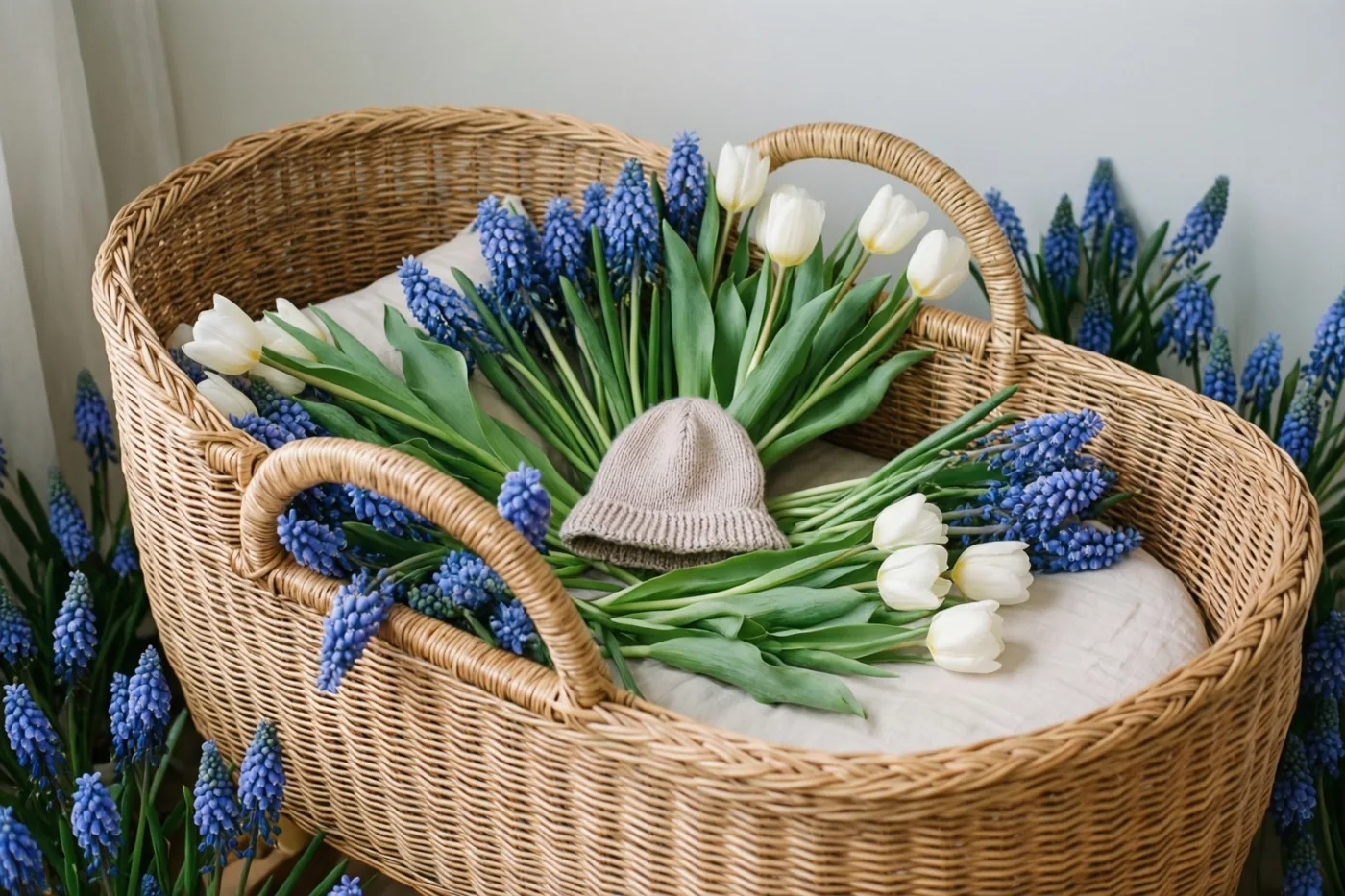 Een rieten wiegje vol witte tulpen en blauwe druifjes staat tegen een lichte muur, met een gebreid mutsje tussen de bloemen en extra bloemen rond de wieg.