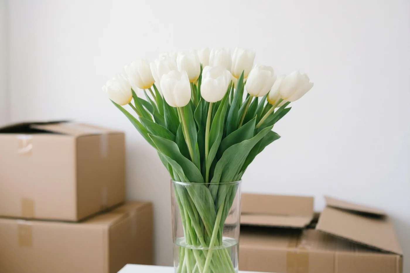 Een glazen vaas met witte tulpen staat op gestapelde kartonnen verhuisdozen tegen een effen witte muur.