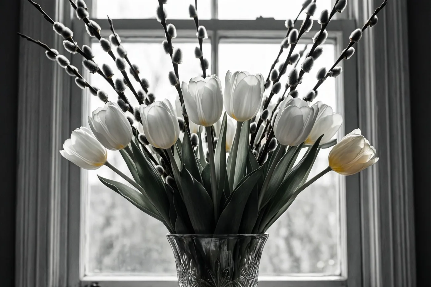 Een glazen vaas met witte tulpen en wilgenkatjes staat voor een raam in een overwegend zwart-witbeeld met subtiele kleuraccenten op de bloemen.