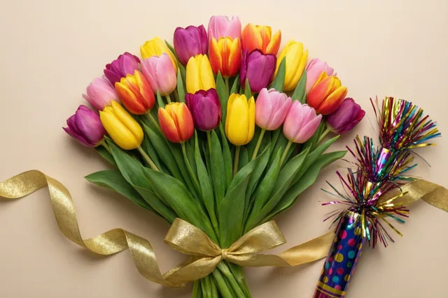 Een veelkleurig tulpenboeket met een gouden lint ligt op een beige oppervlak naast een kleurrijke feestknaller, met opvallend geel, roze en paars.