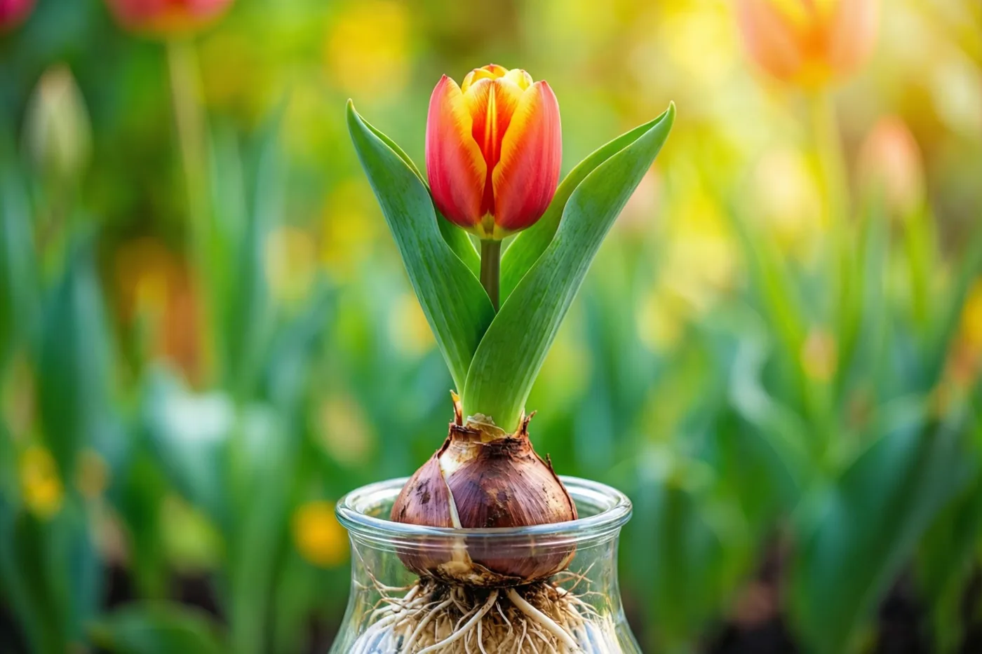 Een tulpenbol met groene bladeren en zichtbare wortels groeit in een glazen vaas, met onscherp tuingroen en gele en oranje bloemen op de achtergrond.
