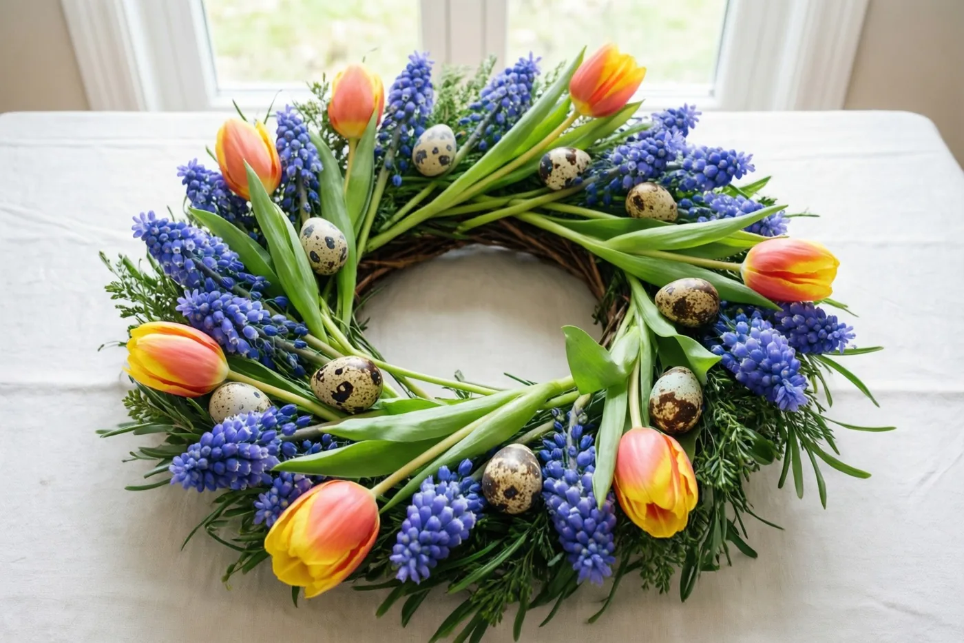 Een ronde krans van tulpen en blauwe druifjes met gespikkelde eieren tussen de bloemen ligt op een wit tafelkleed in het daglicht van een raam op de achtergrond.