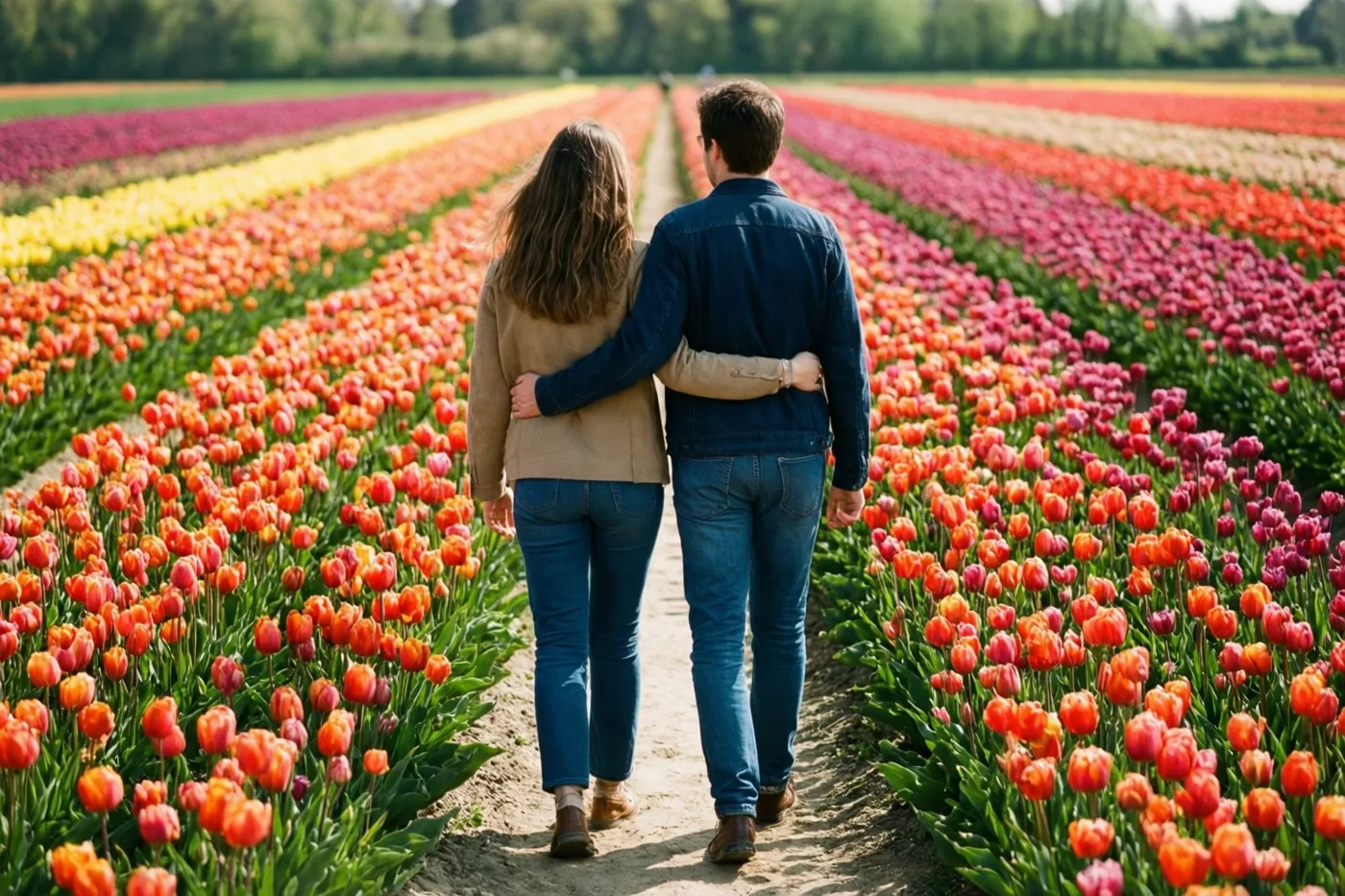 Twee mensen wandelen gearmd over een aardeweg door een kleurrijk tulpenveld in de zon, van achteren gezien met groene bomen op de achtergrond.