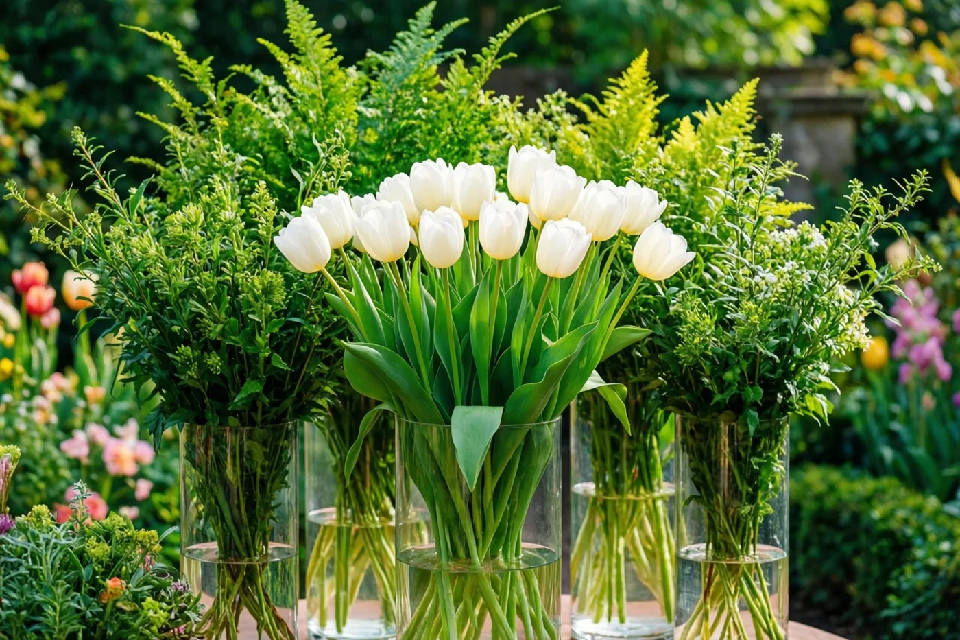 Witte tulpen staan in hoge glazen vazen tussen weelderig groen in een tuin, met andere tuinbloemen op de achtergrond.