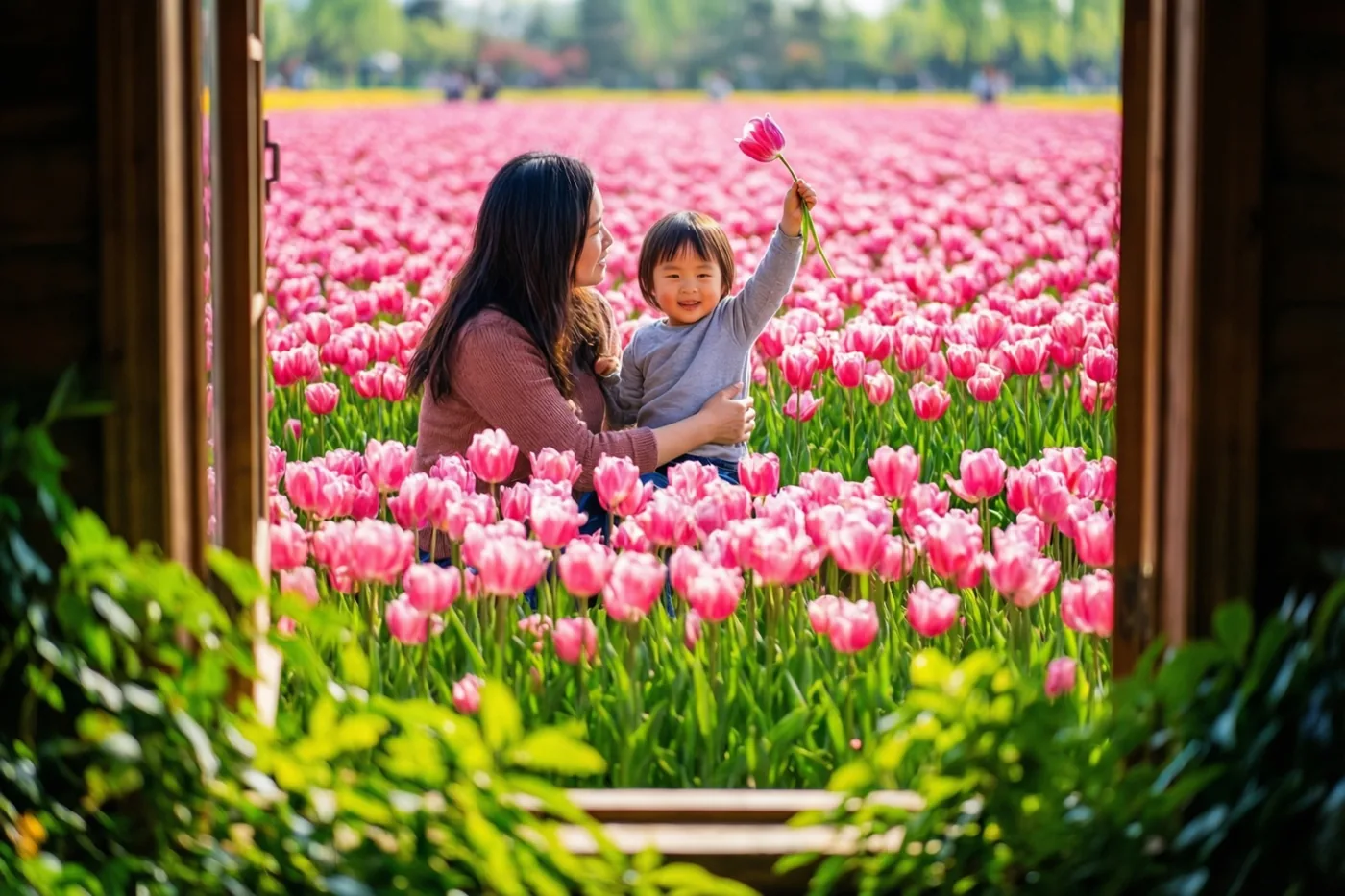 Door een houten raam zijn een moeder en een klein kind in een uitgestrekt veld roze tulpen te zien, waar het kind in helder zonlicht een tulp naar de moeder omhooghoudt.