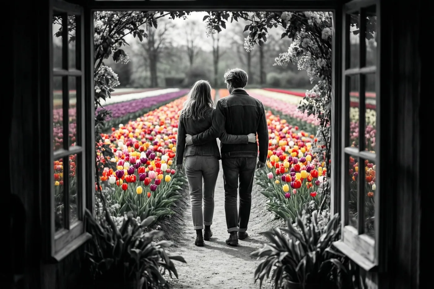 Door een open raam zijn twee mensen van achteren te zien die gearmd door een tulpenveld wandelen, waarbij alleen de tulpen in kleur zijn en de rest in zwart-wit.