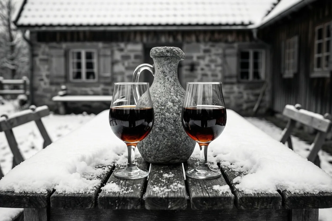 Twee tulpglazen met een donkere drank en een stenen kruik staan op een besneeuwde houten tafel voor een stenen boerderij met sneeuw op het dak.
