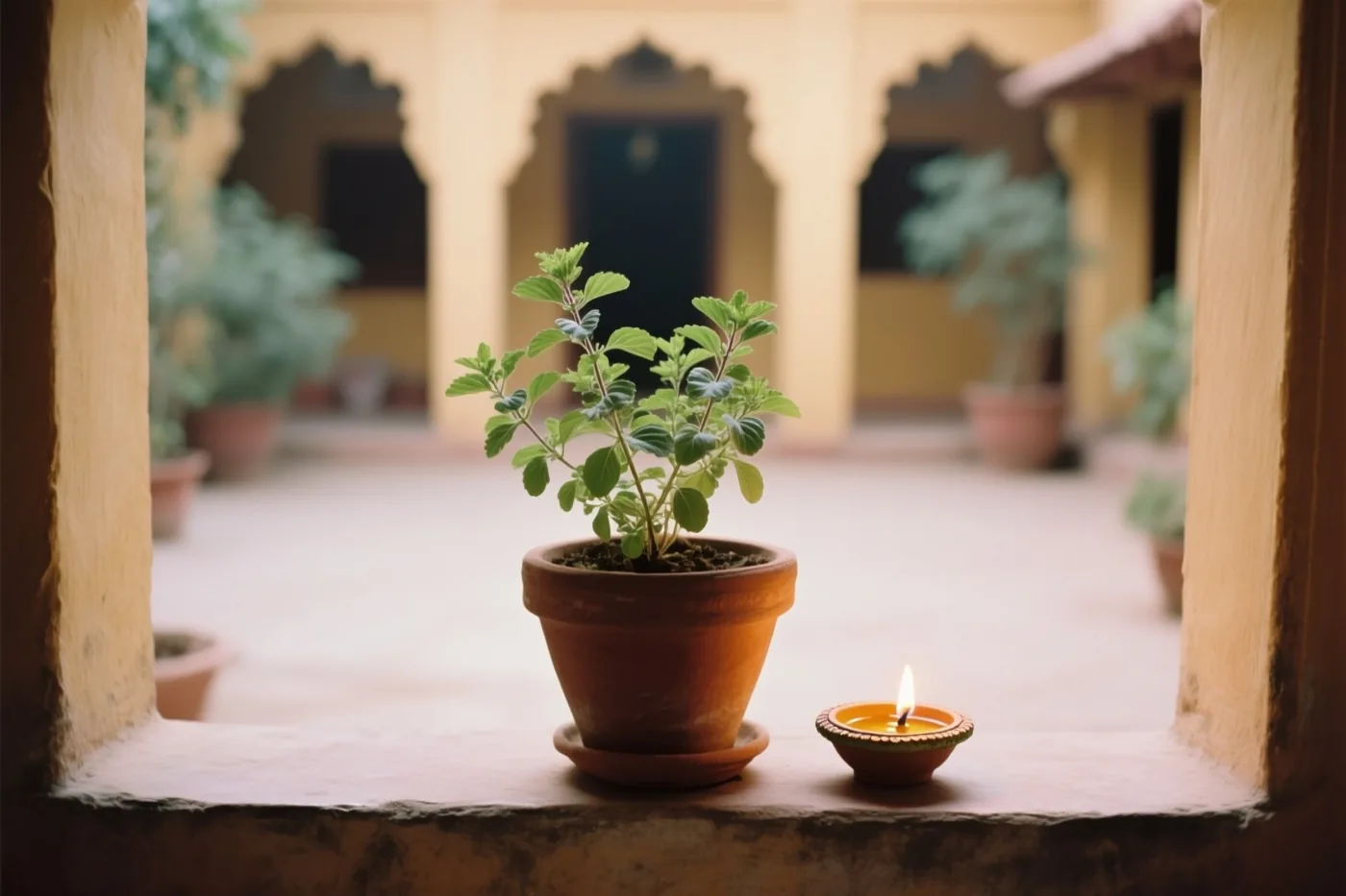 Een tulsiplant in een pot en een brandend olielampje staan op een stenen vensterbank, met door het raam een binnenplaats met boogdeuren in goudkleurig licht.
