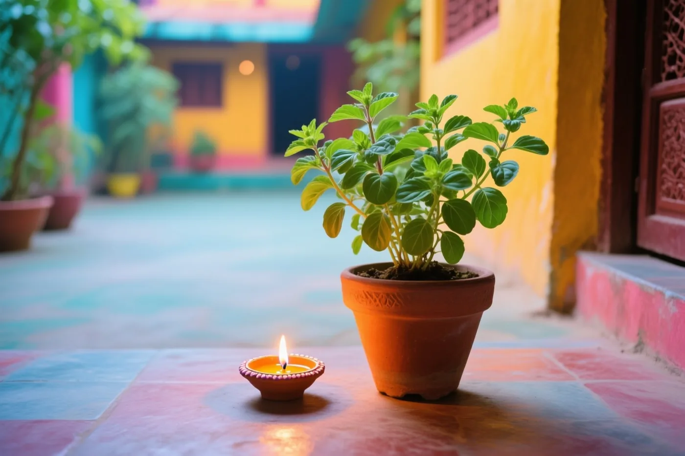 Een tulsiplant in een pot en een brandend olielampje staan op de tegelvloer van een binnenplaats in warm licht met gele, rode en blauwe tinten.