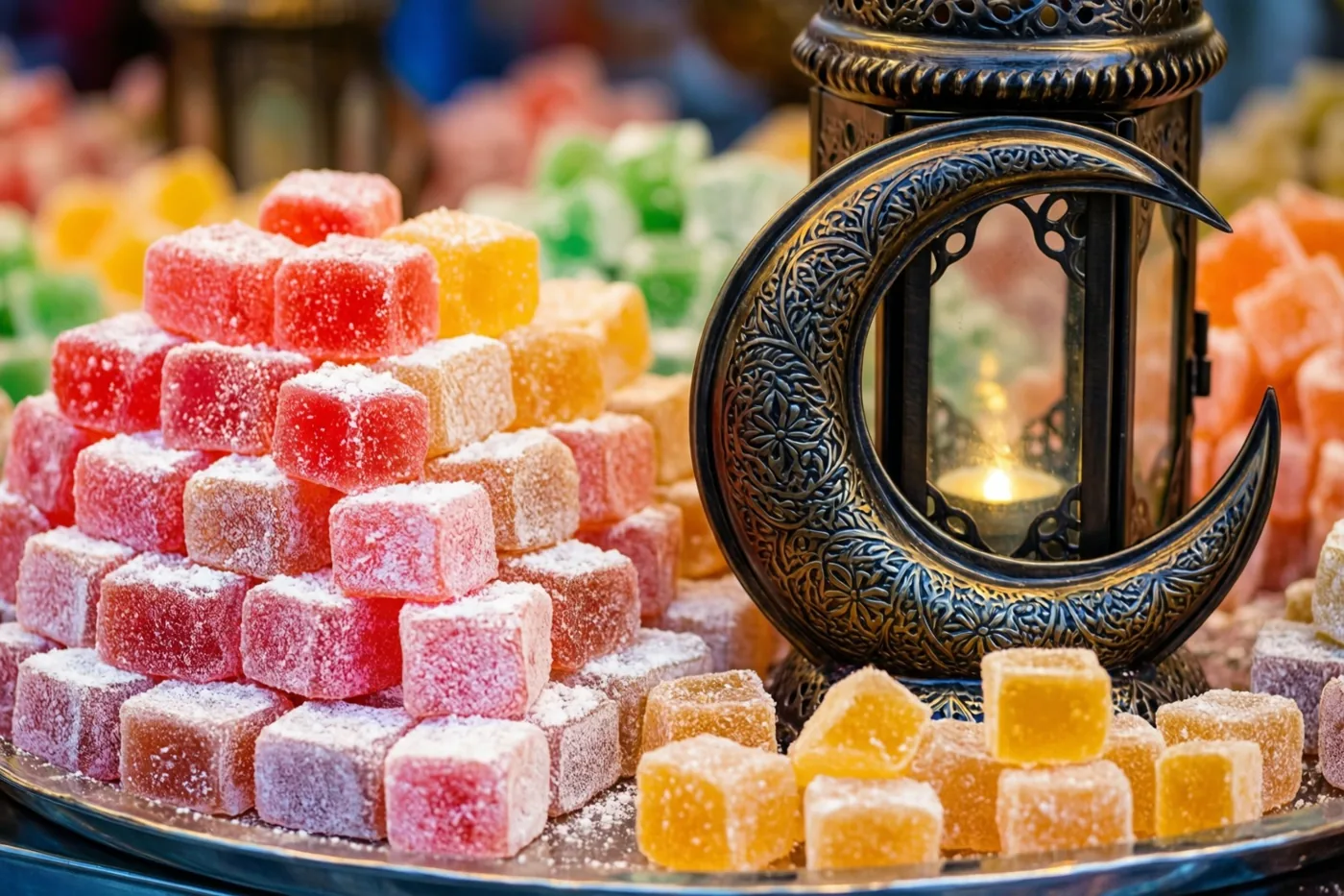 Schaaltjes met kleurrijke, met suiker bestrooide blokjes Turks fruit staan op een spiegelend dienblad naast een sierlijke maansikkellantaarn met een brandende kaars.