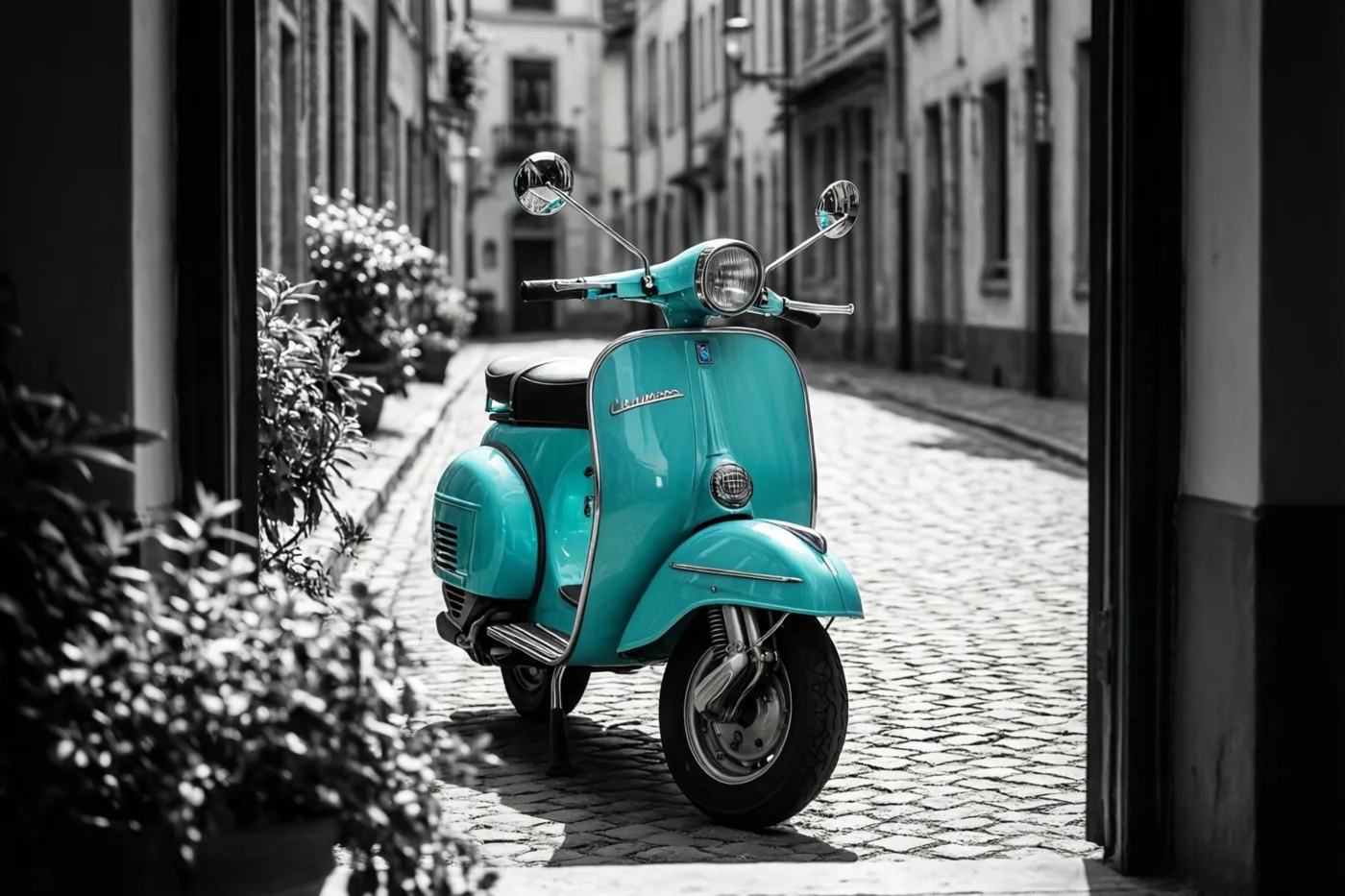 Een turquoise retroscooter met chromen spiegels staat in een zonnige kasseistraat tussen gebouwen, in een verder zwart-witbeeld.