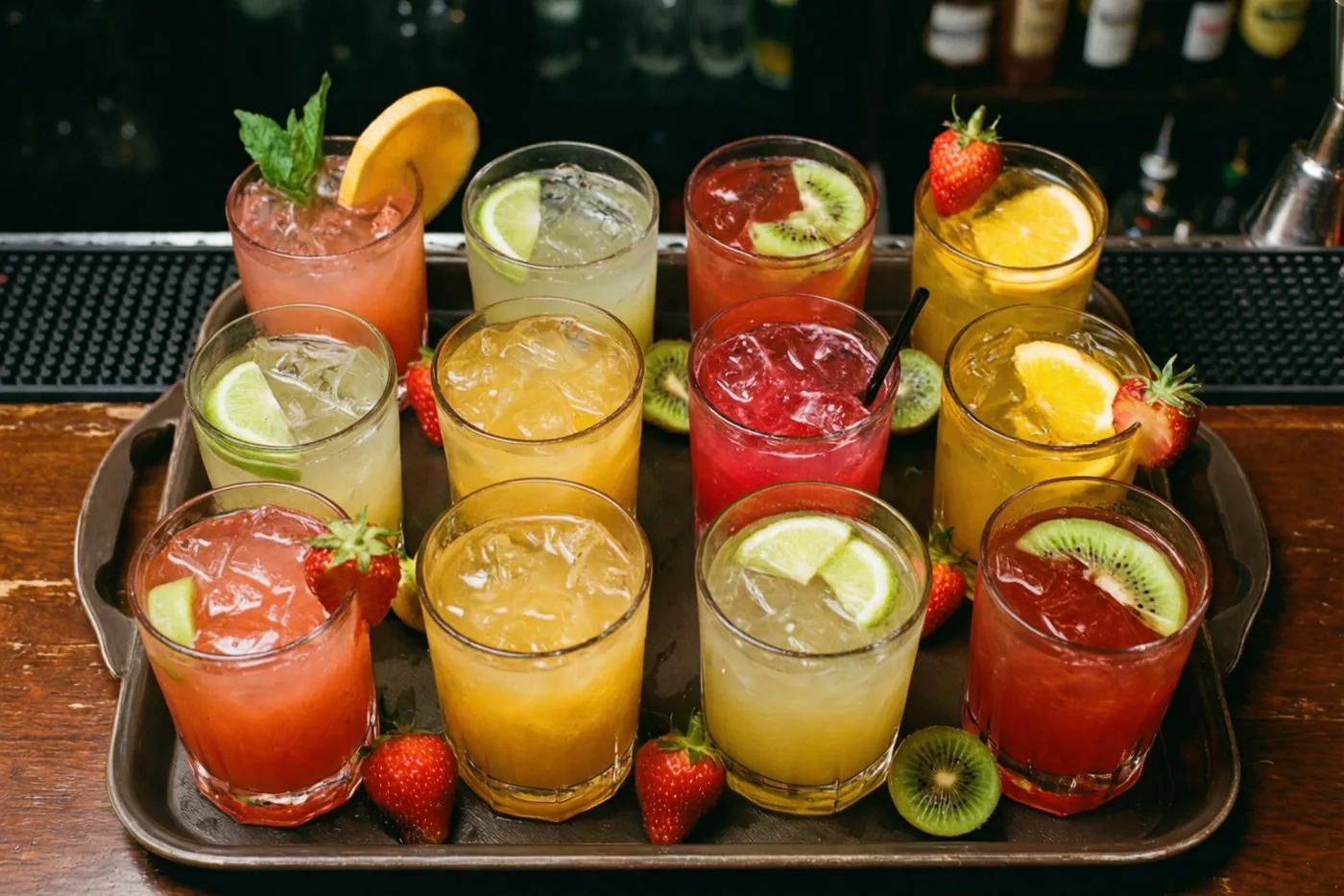 Twaalf kleurrijke cocktails met onder meer aardbeien, kiwi en sinaasappelschijfjes staan op een dienblad op een houten bar.