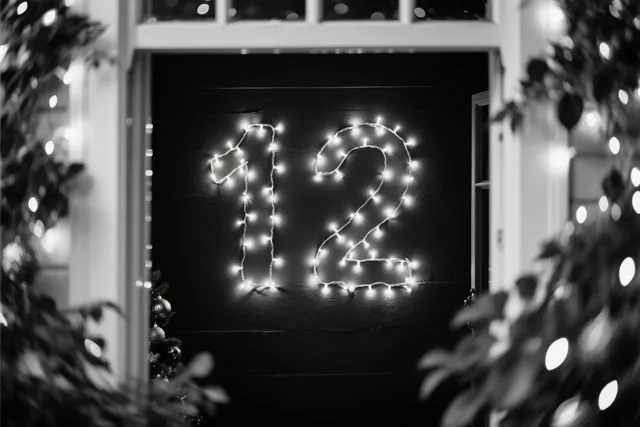Een zwart-witfoto toont het getal 12 van lichtslingers op een donkere muur, omringd door onscherpe bladeren en feestlichtjes.