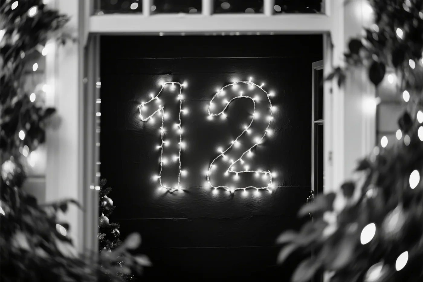 Een zwart-witfoto toont het getal 12 van lichtslingers op een donkere muur, omringd door onscherpe bladeren en feestlichtjes.
