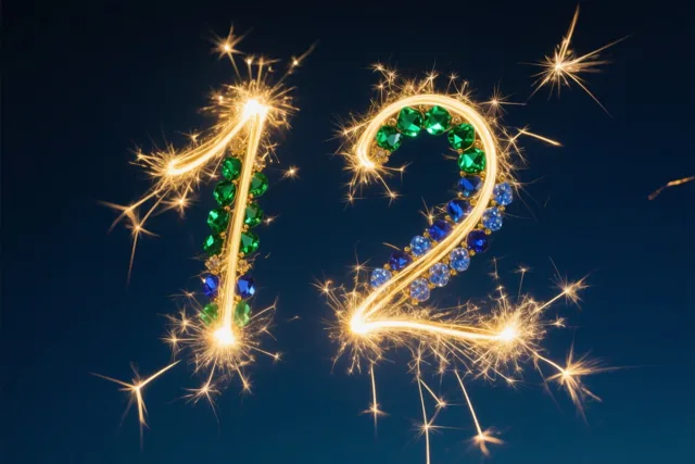 Gouden lichtsporen van sterretjes vormen het getal 12 tegen een donkere nachthemel, versierd met groene en blauwe edelstenen.
